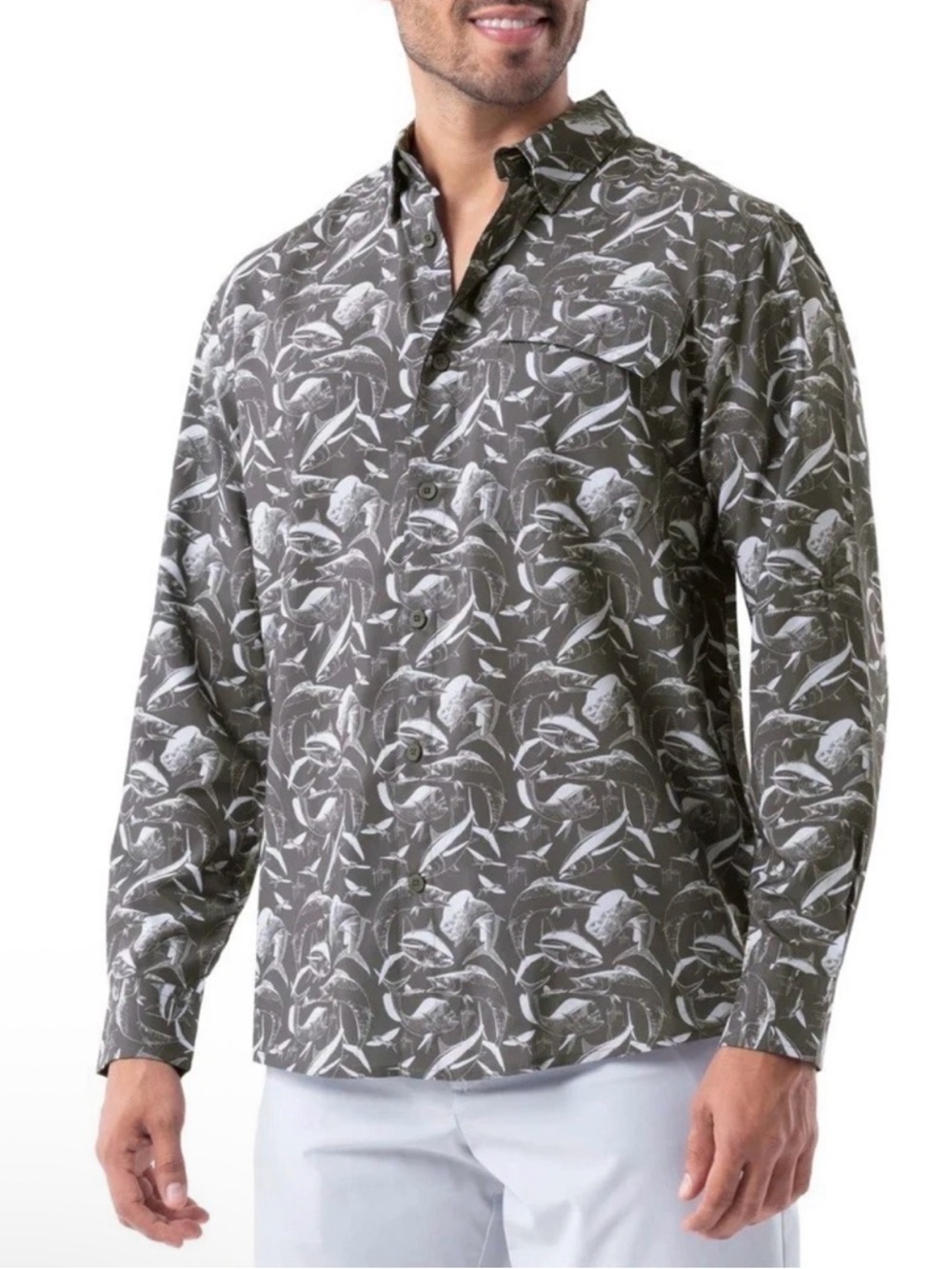 Guy Harvey Fishing Shirt Long Sleeve Button Down Vented Fish Print Gray - Large